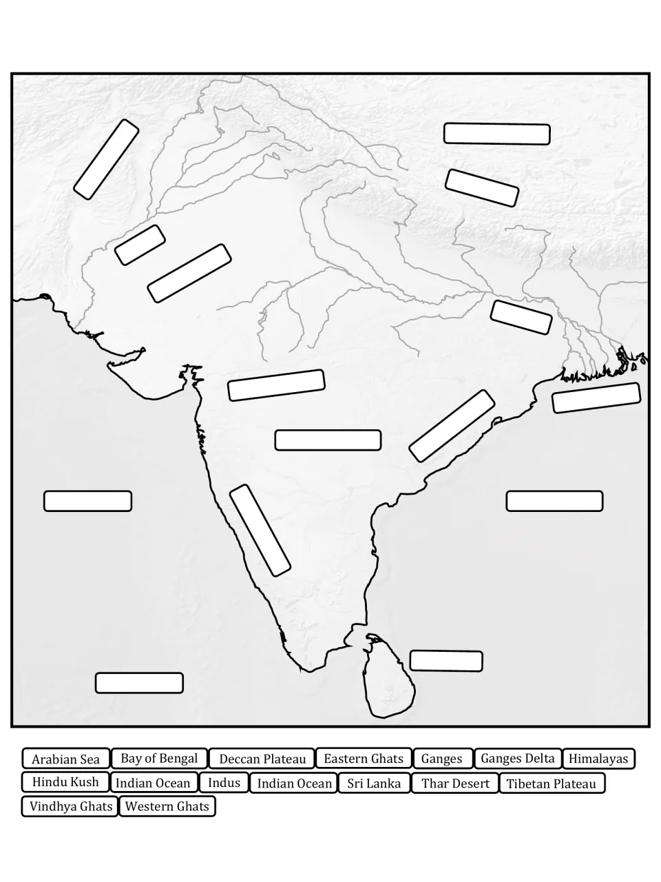 Map labeling on shaded relief of India: students place 16 cut-out names such as Thar Desert, Himalayas and Western Ghats