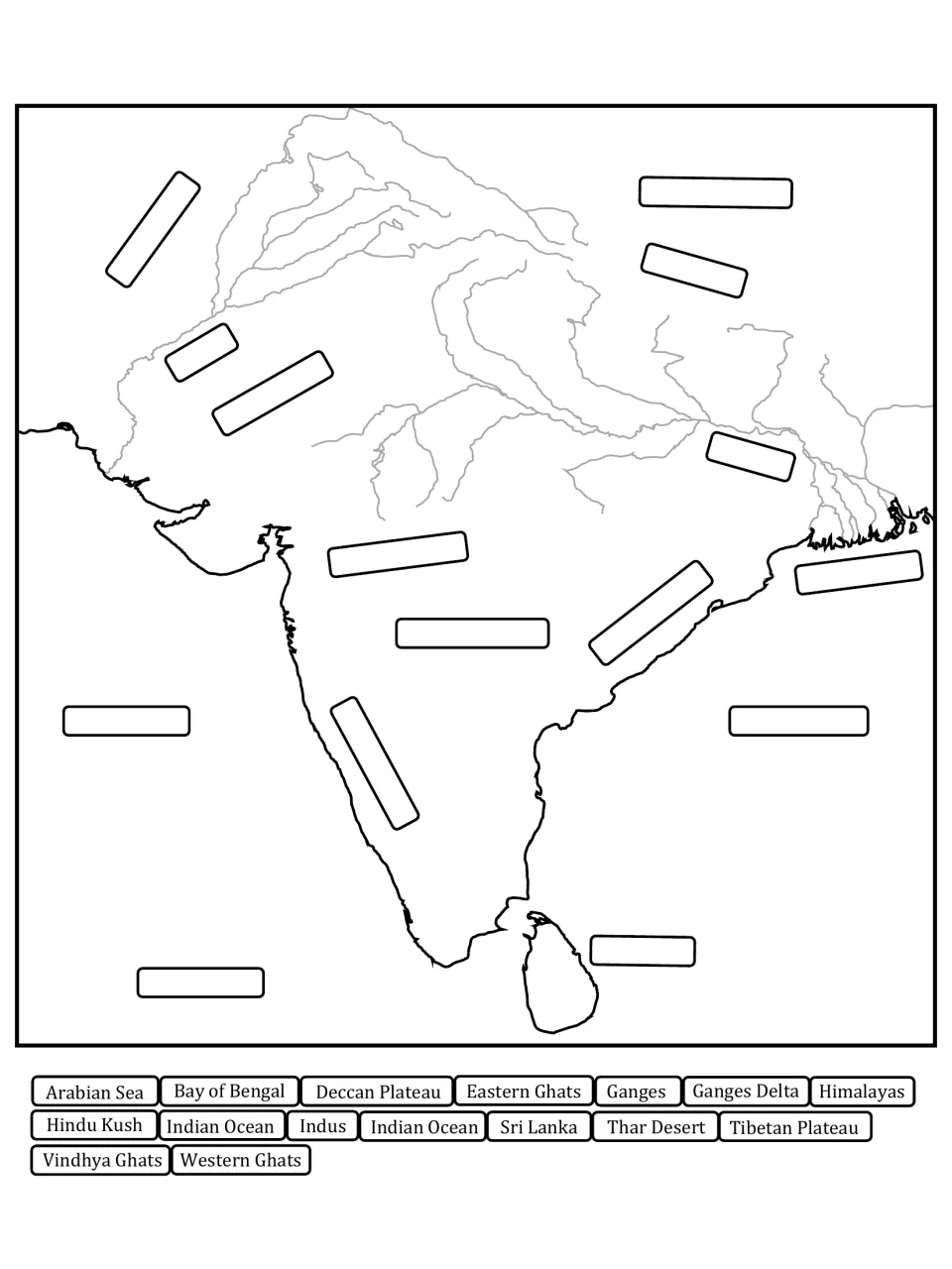 Outline map of India with rivers; students cut out and glue 16 place names like Ganges Delta, Indus and Sri Lanka