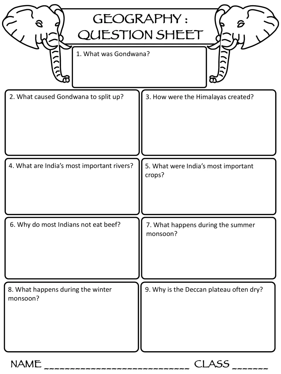 Geography question sheet: nine short-answer questions on Gondwana, the Himalayas, rivers, crops, beef and the monsoons