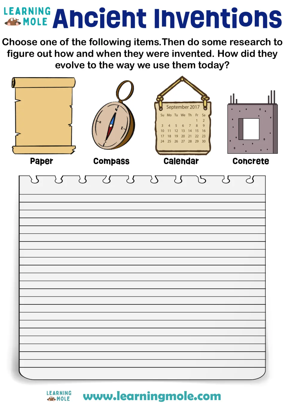 Ancient inventions research: students pick paper, compass, calendar or concrete and write how it was invented and evolved
