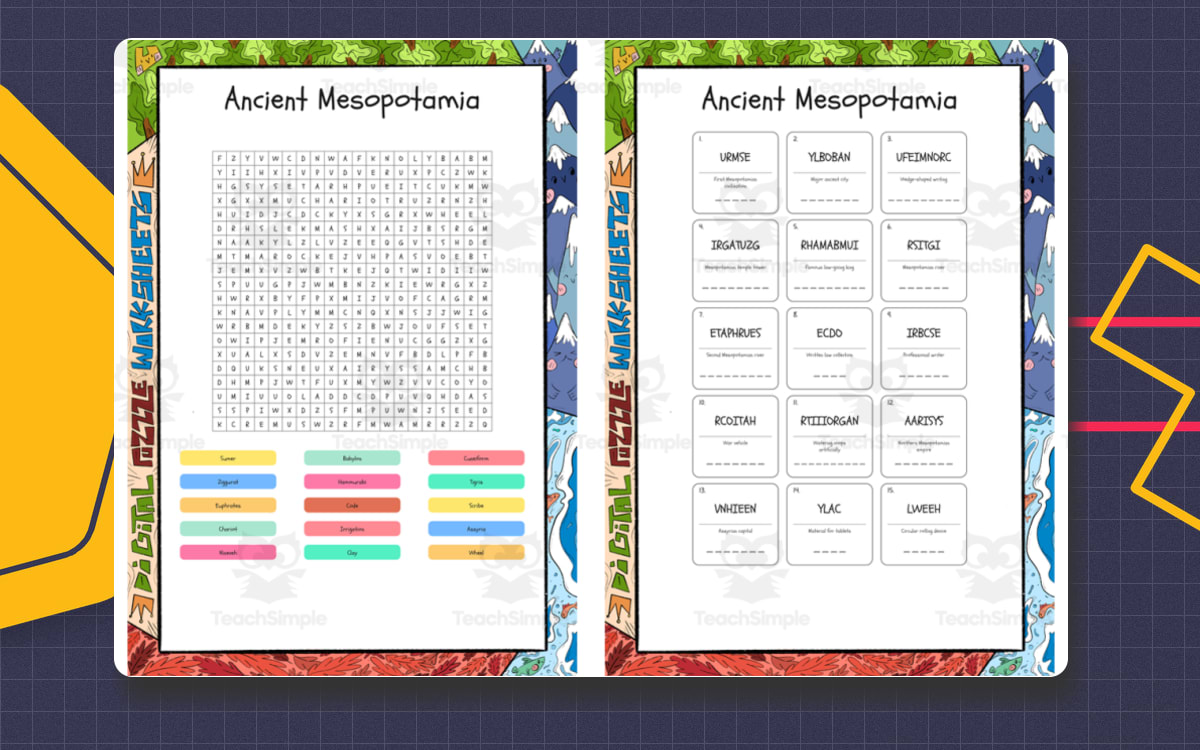Ancient Mesopotamia word search, scramble and crossword puzzle teaching resource preview