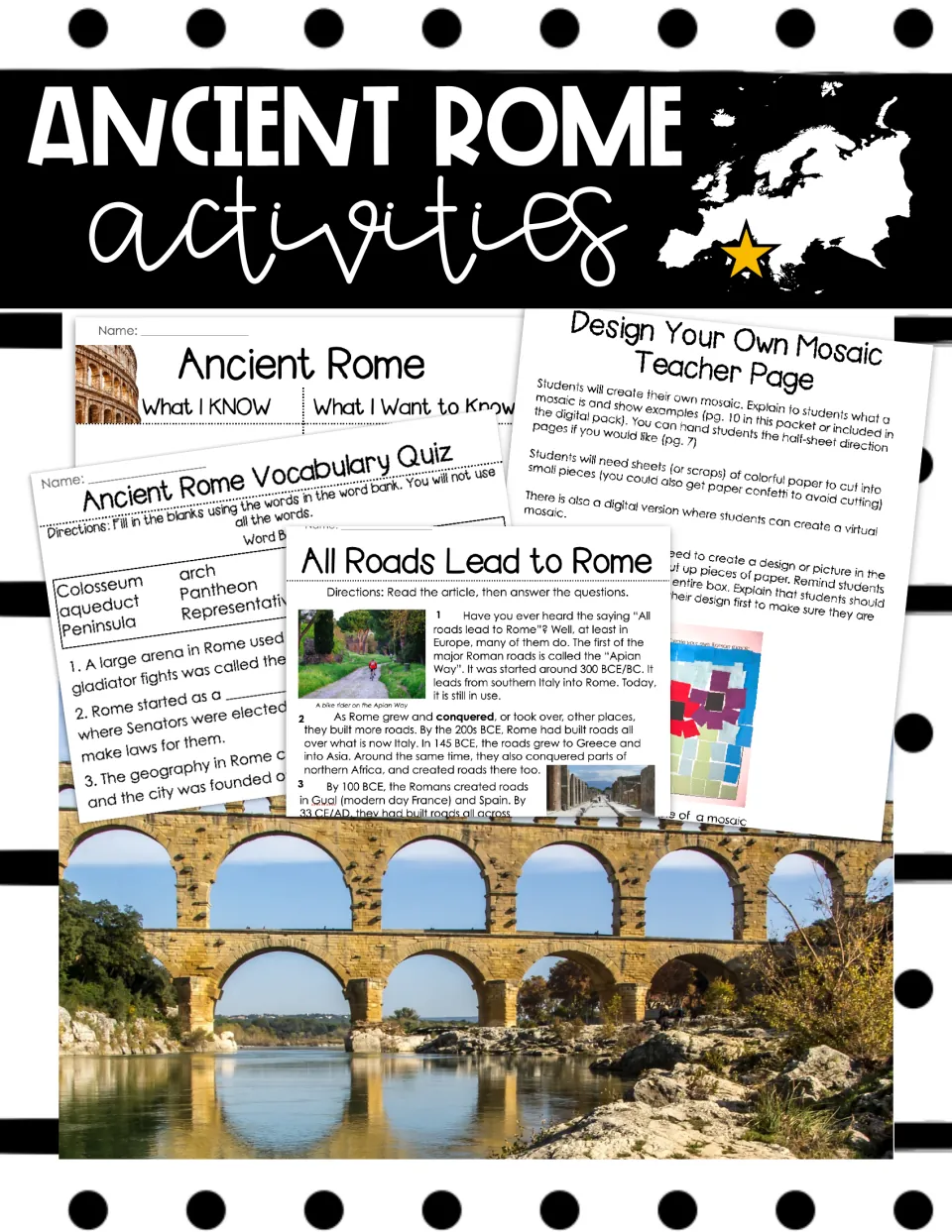 Ancient Rome Activities cover showing a KWL chart, vocabulary quiz, Roman roads reading and mosaic page over an aqueduct