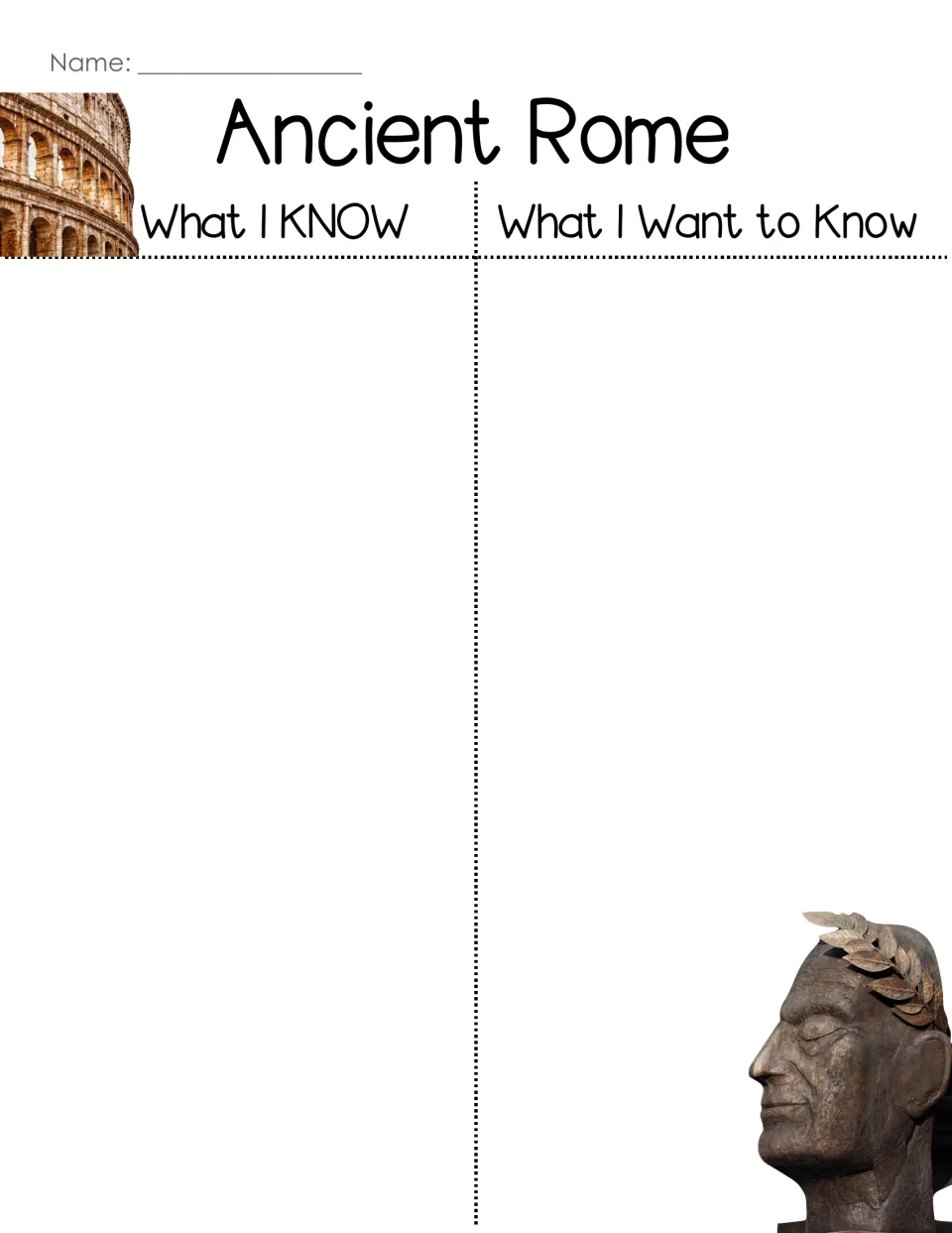 Ancient Rome know and want-to-know chart: students list facts they know and questions they have about Rome