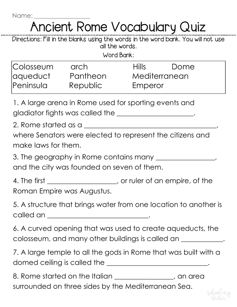 Ancient Rome vocabulary quiz: students fill 8 blanks from a word bank with terms like Colosseum, Republic and aqueduct