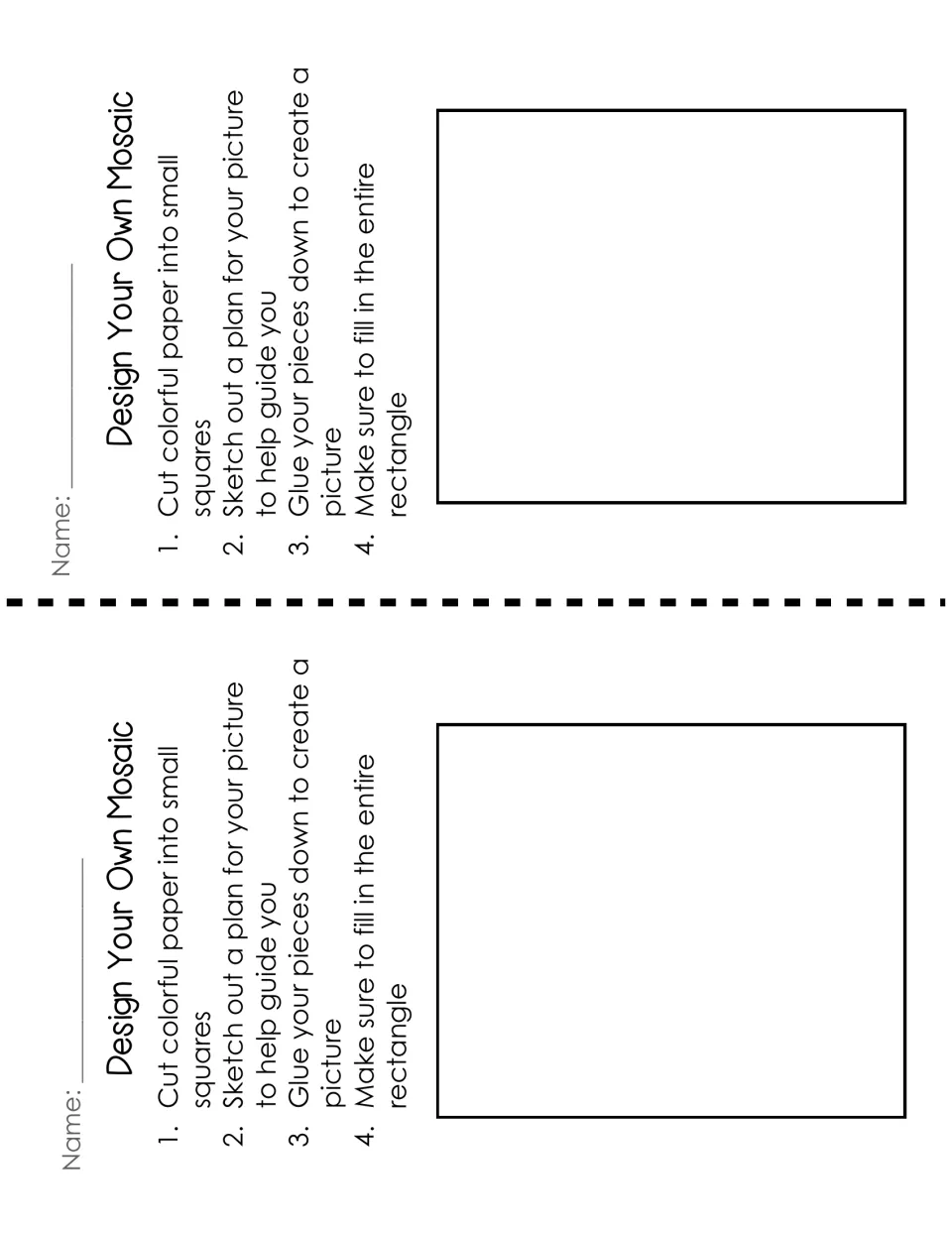 Two half-sheet mosaic directions: cut paper squares, sketch a plan, glue pieces down and fill the whole rectangle
