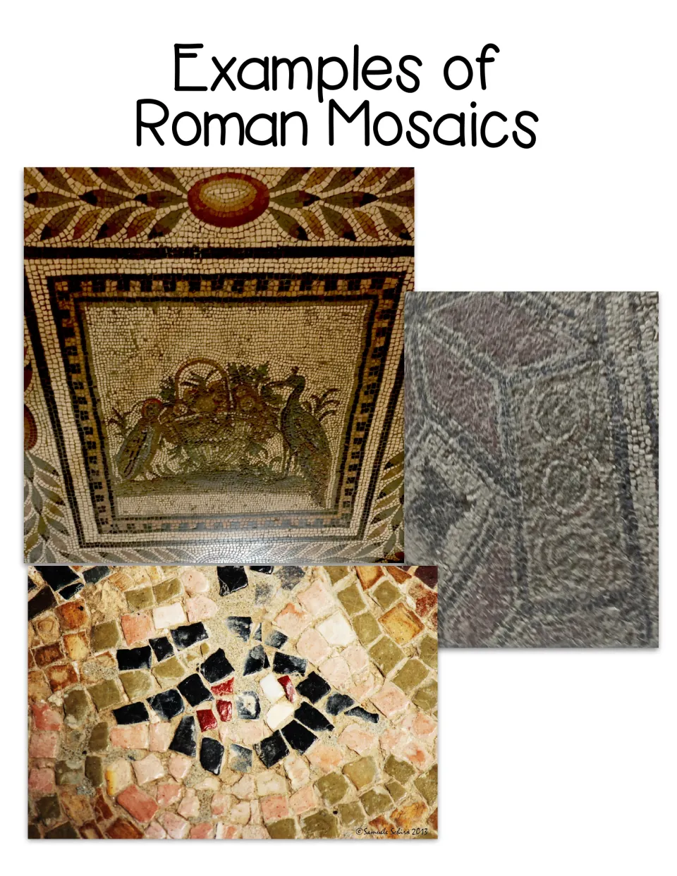 Examples of Roman mosaics: photos of a tiled floor with birds and a basket, a gray geometric pattern and stone fragments