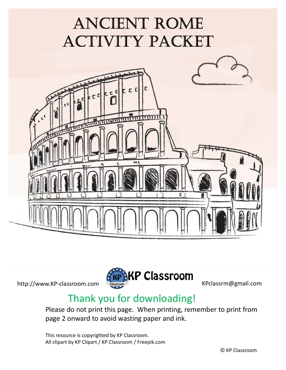 Ancient Rome Activity Packet cover with a Colosseum line drawing, KP Classroom logo and a note to print from page 2 onward