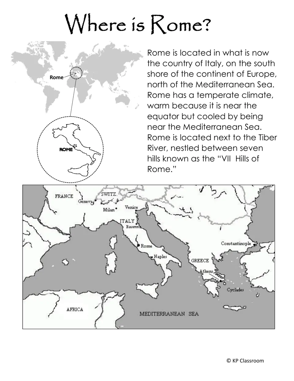Where is Rome? reading: a world map and inset of Italy locate Rome, with a Mediterranean map and notes on climate and hills