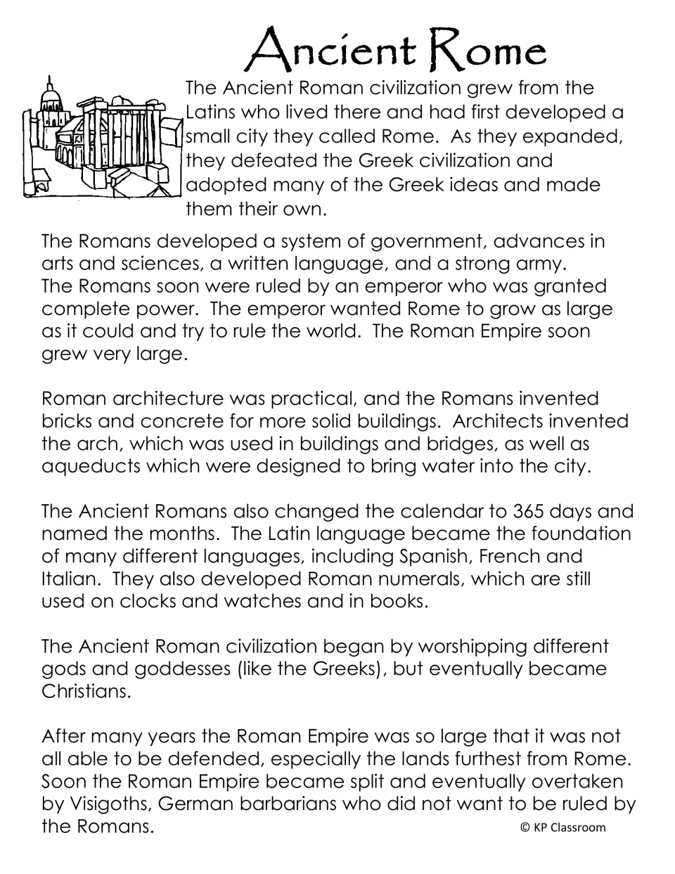 Roman civilization reading on government, arches, aqueducts, the 365-day calendar, Latin, Roman numerals and Rome's fall