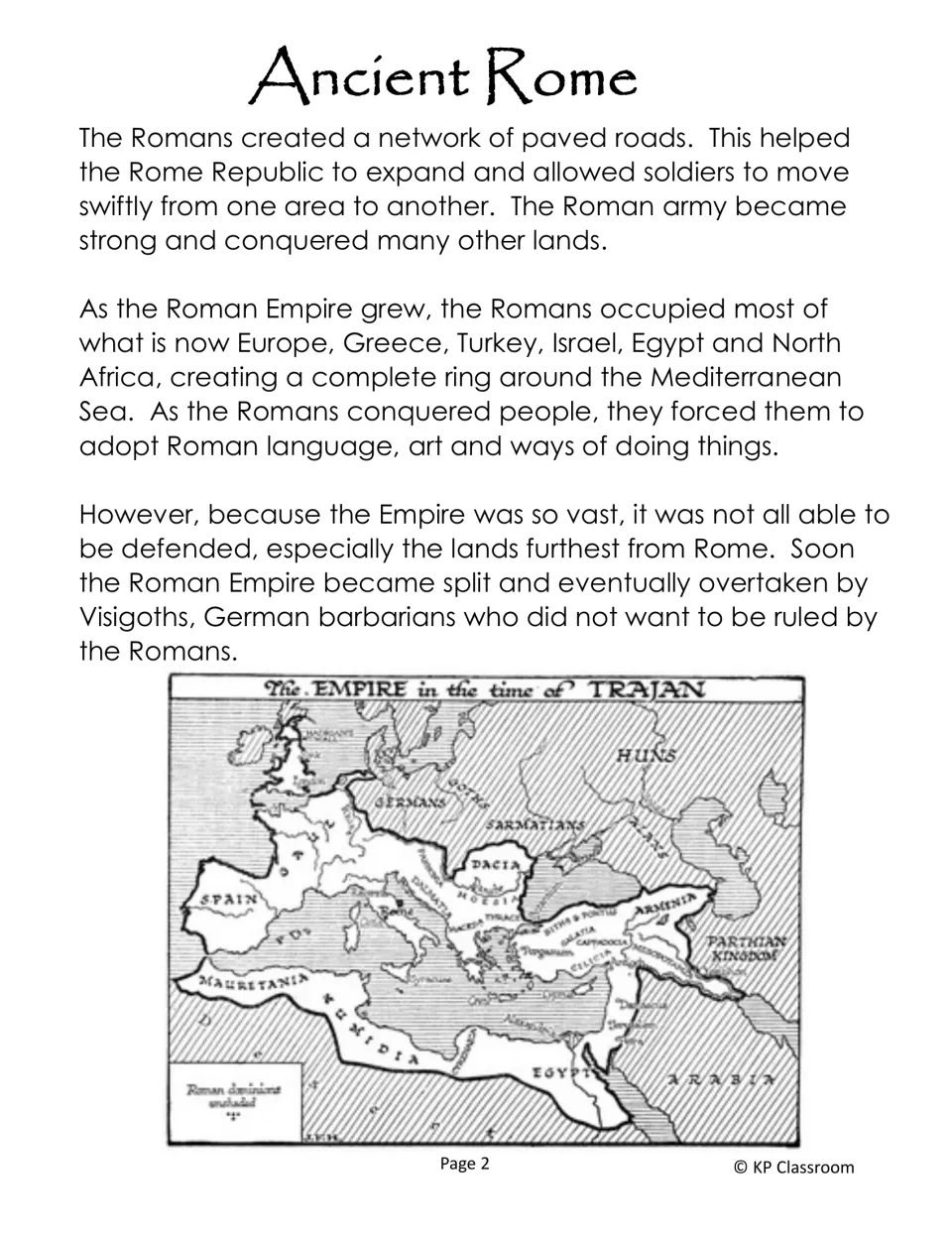 Reading part 2 on Roman roads, conquered lands around the Mediterranean and the Visigoths, with a map of Trajan's empire