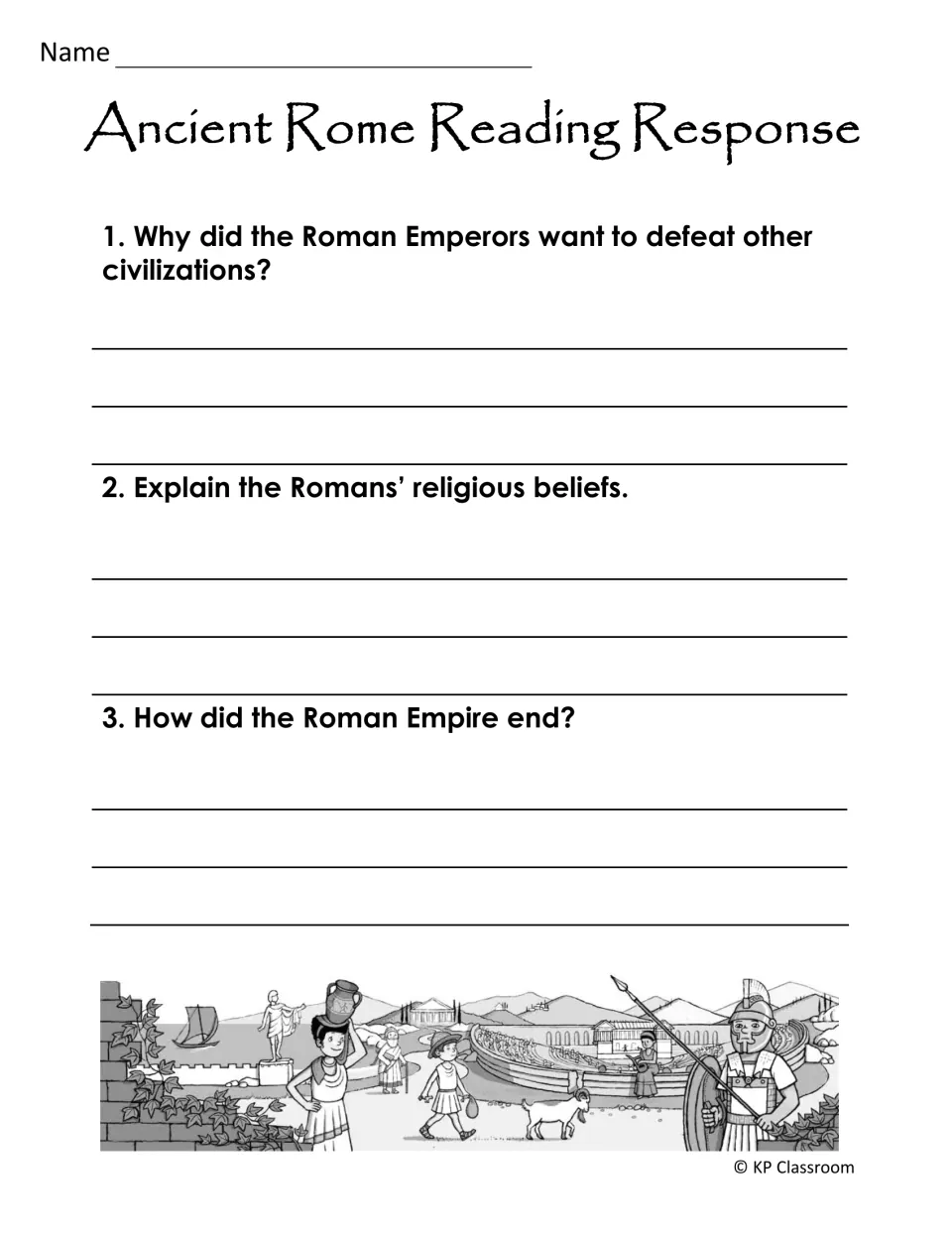 Reading response: students write answers on why emperors conquered, Roman religious beliefs and how the empire ended
