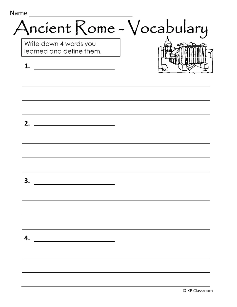 Vocabulary page: students write down 4 words they learned about Rome and define each, with a sketch of Roman ruins