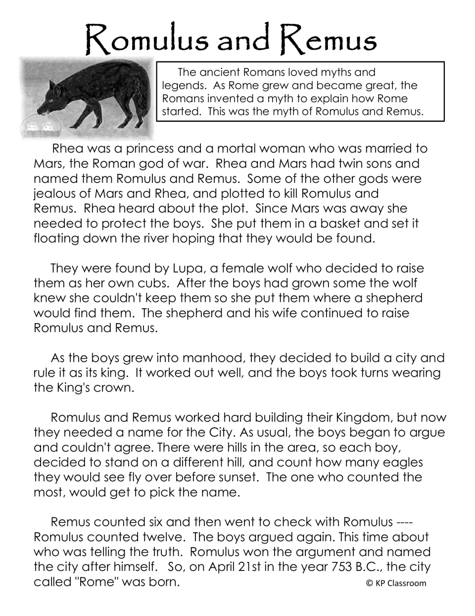 Romulus and Remus myth, one-page version: Rhea, Mars, the she-wolf Lupa, a shepherd, and the eagle count that named Rome