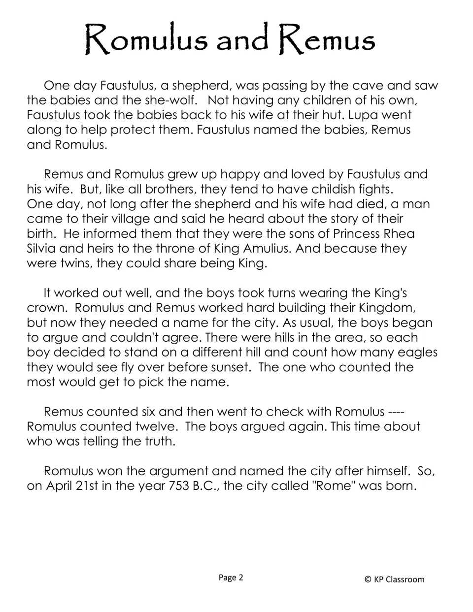 Romulus and Remus story part 2: shepherd Faustulus raises the twins, who count eagles; Romulus names Rome in 753 B.C.