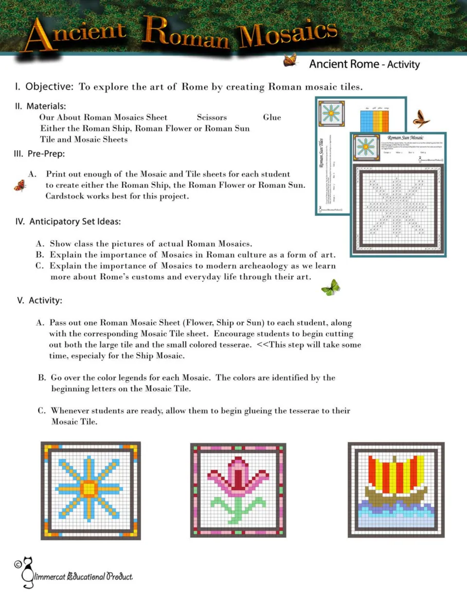 Roman mosaics lesson plan in color: objective, materials, pre-prep, anticipatory set ideas and steps for gluing tesserae