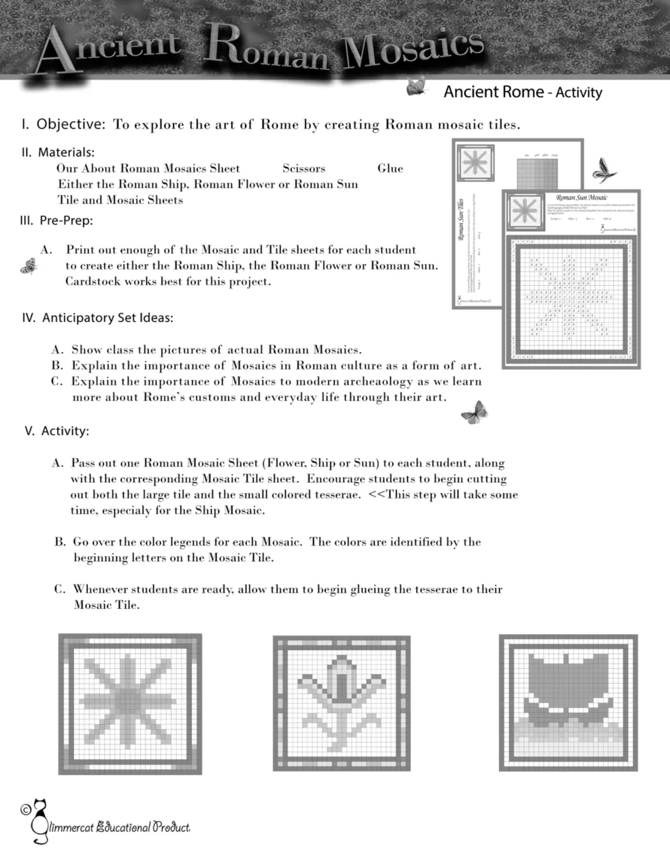Grayscale Roman mosaics lesson plan: students cut out tesserae and glue them to a sun, flower or ship tile by color legend