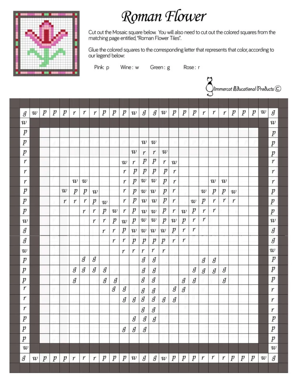 Roman Flower mosaic: students glue pink, wine, green and rose squares onto a letter-coded tulip pattern by color legend