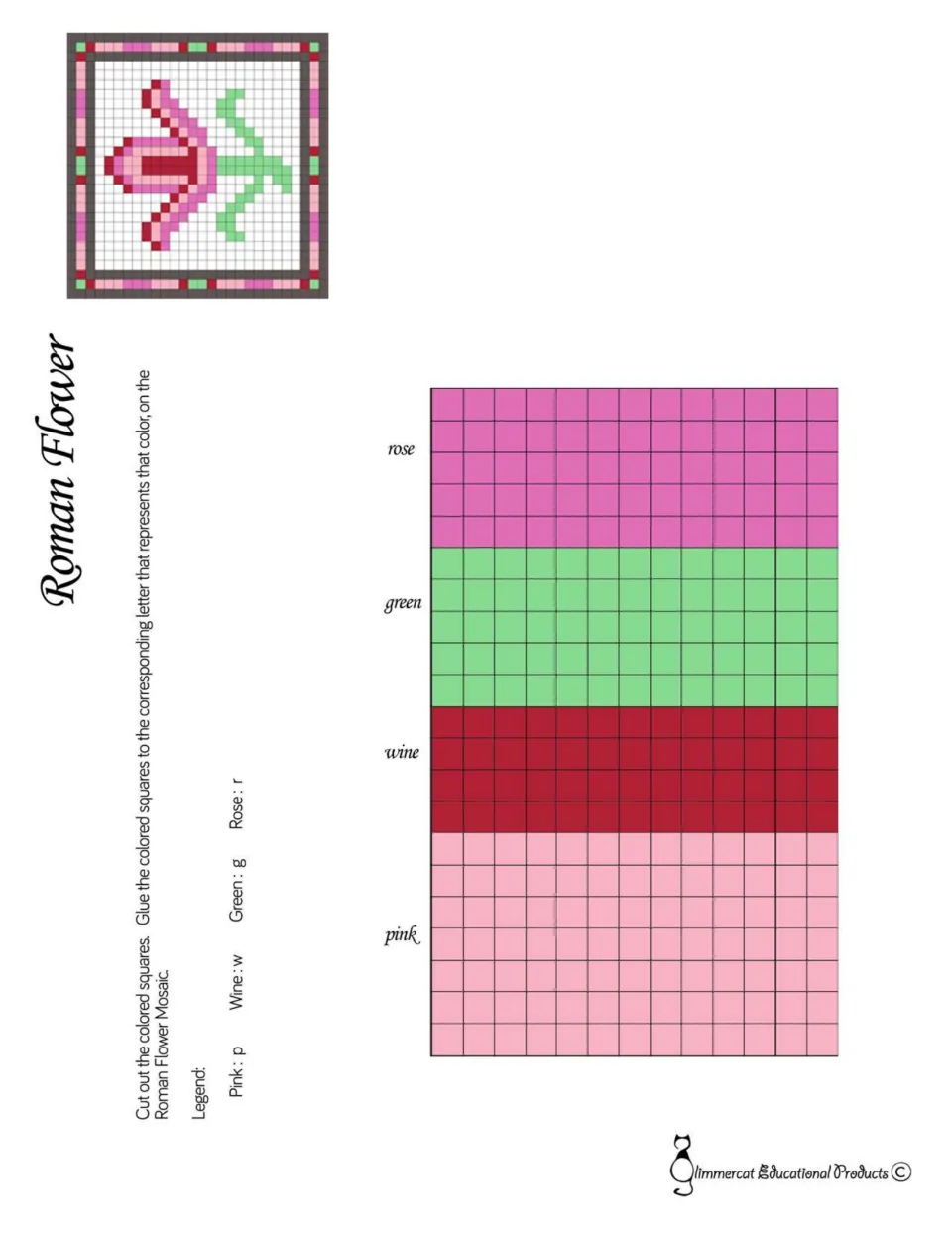 Roman Flower tiles: rose, green, wine and pink tesserae that students cut out and glue onto the flower mosaic