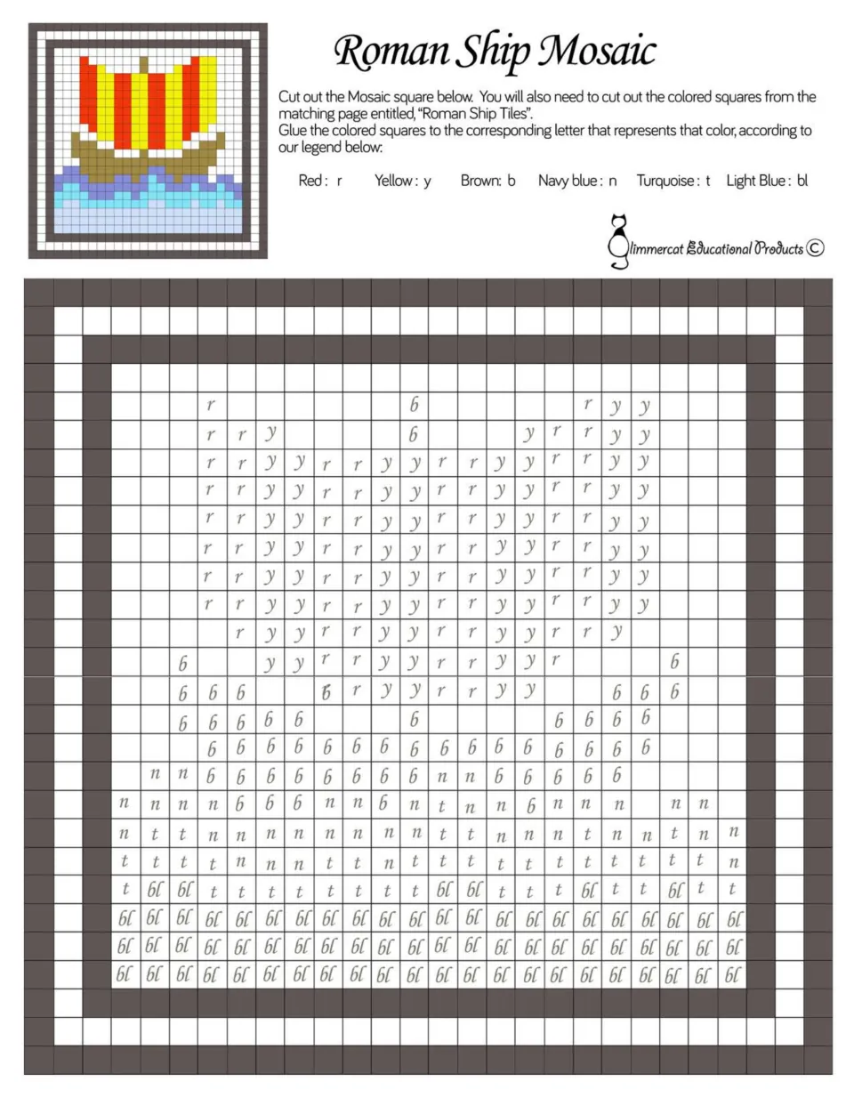 Roman Ship Mosaic: students glue red, yellow, brown, navy, turquoise and light blue squares onto a letter-coded ship