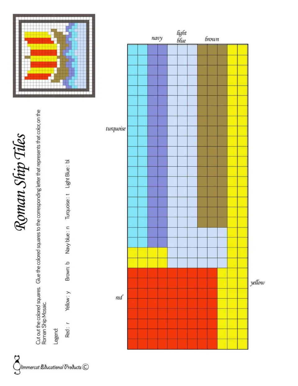 Roman Ship Tiles: turquoise, navy, light blue, brown, yellow and red tesserae that students cut out for the ship mosaic