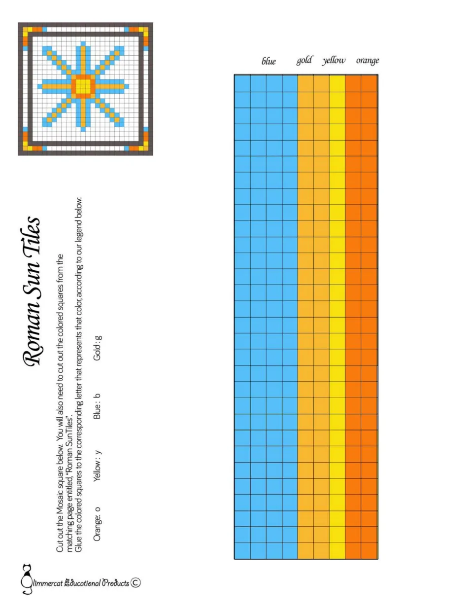 Roman Sun Tiles: blue, gold, yellow and orange squares for students to cut out and glue onto the sun mosaic
