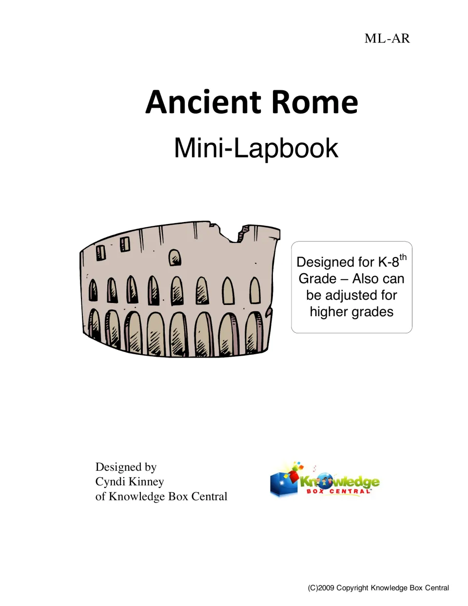 Ancient Rome Mini-Lapbook cover identifies the resource for K–8, designed by Cyndi Kinney of Knowledge Box Central.