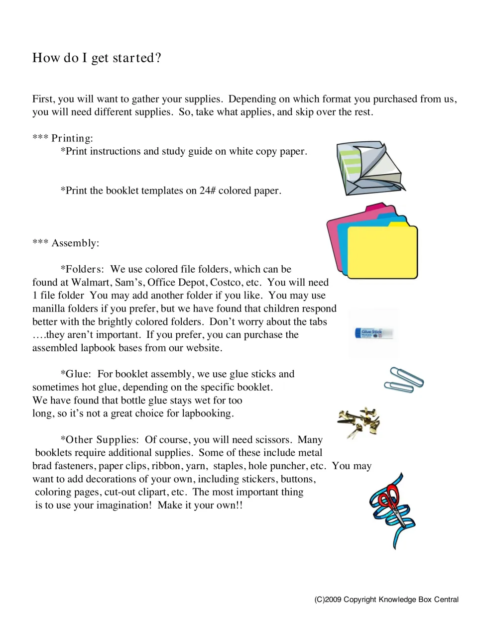 Mini-lapbook supply guide lists printing paper, one file folder, glue, scissors, and optional fasteners.