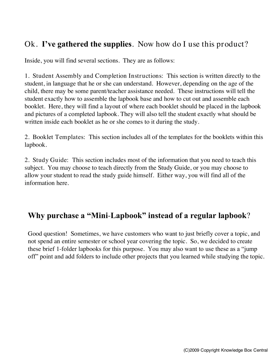 Mini-lapbook overview explains student instructions, booklet templates, the study guide, and the one-folder format.