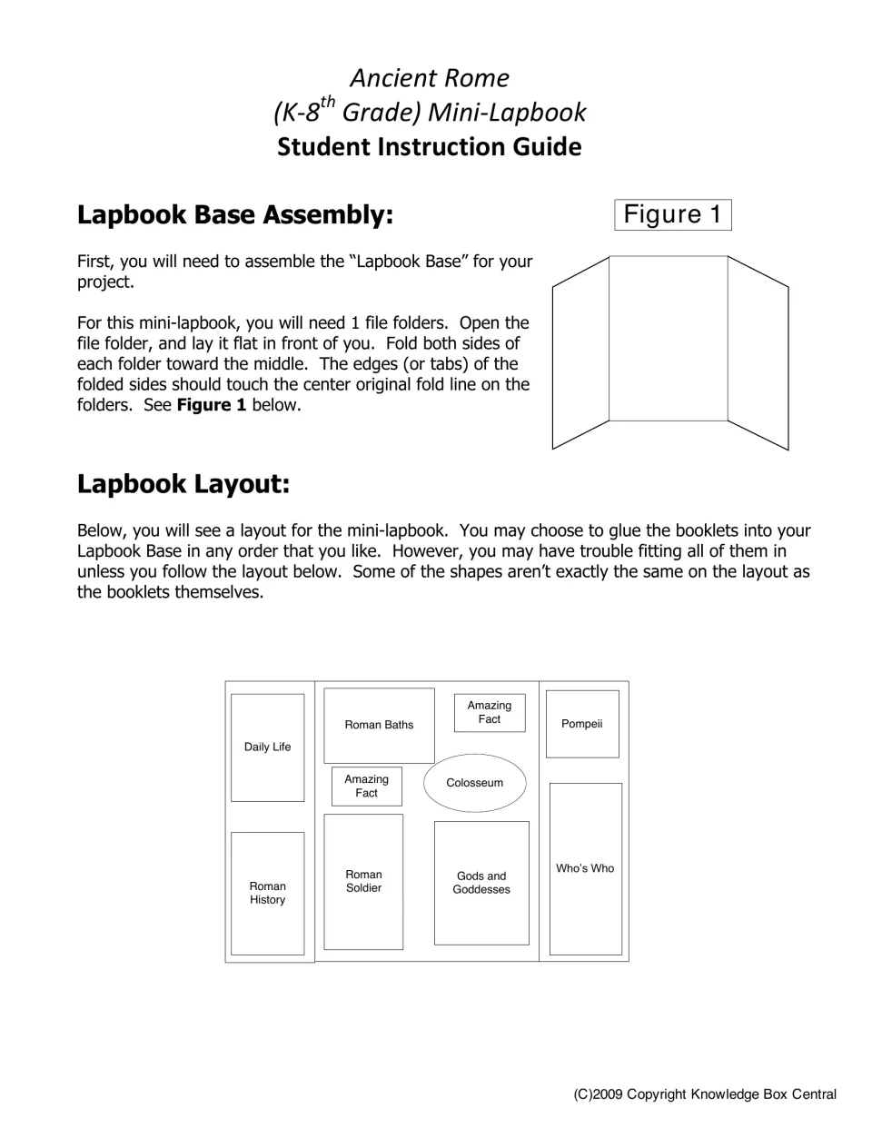 Mini-lapbook assembly guide shows how to fold one file folder and position all 10 booklets in the base.