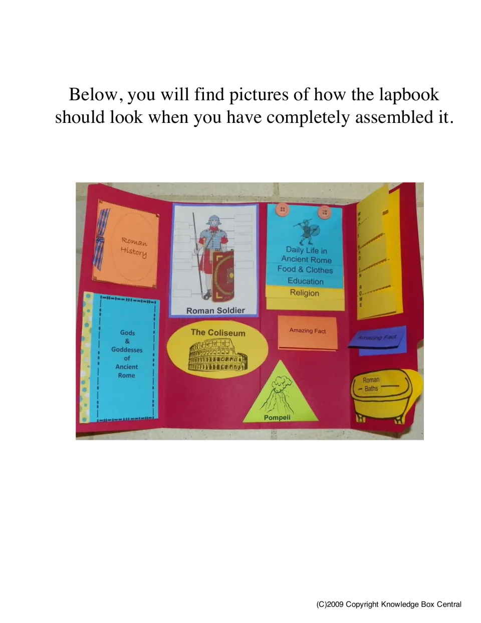 Completed mini-lapbook example shows assembled booklets on Roman history, daily life, Pompeii, and more.