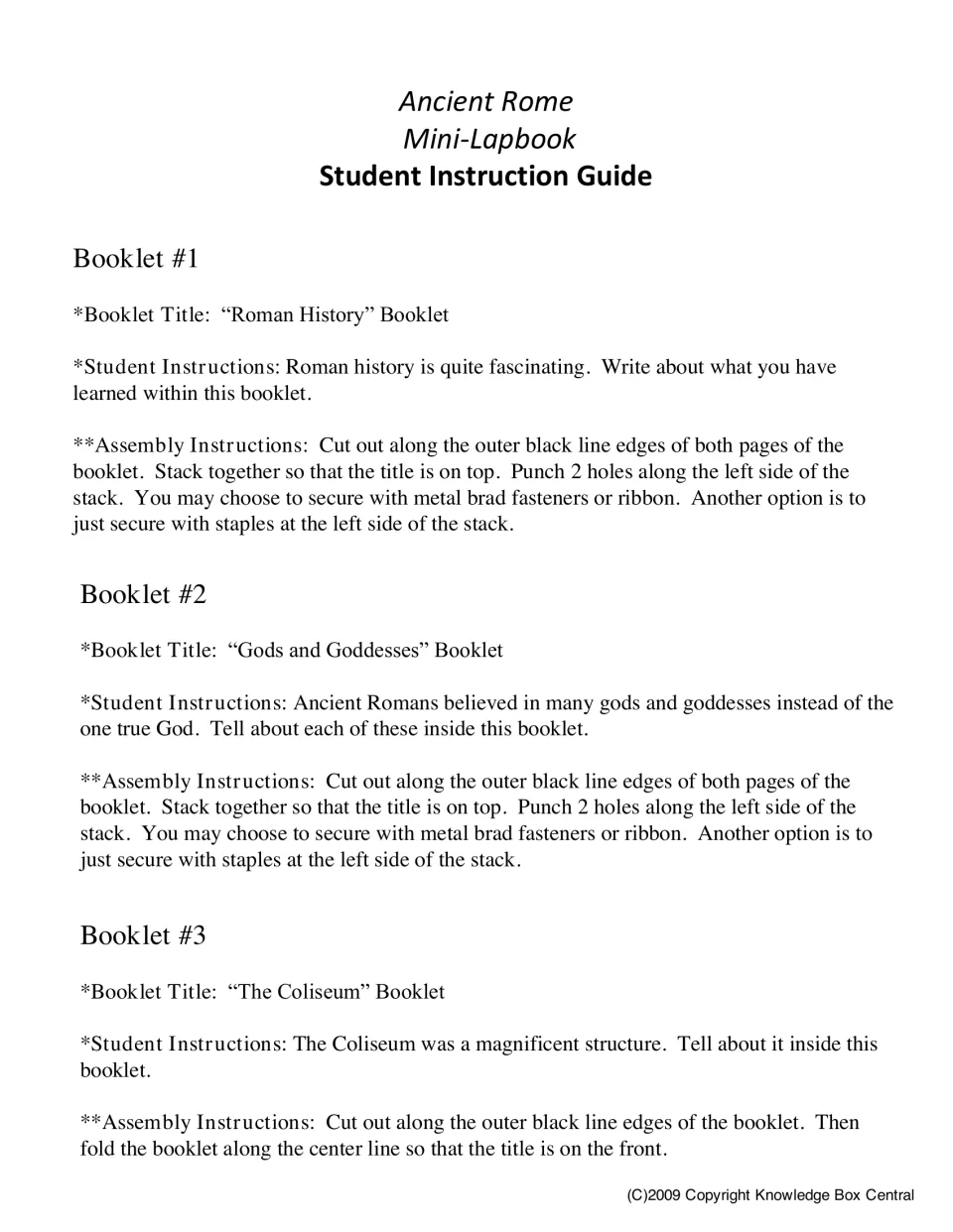 Instructions for booklets 1–3 cover writing and assembly for Roman History, Gods and Goddesses, and The Coliseum.