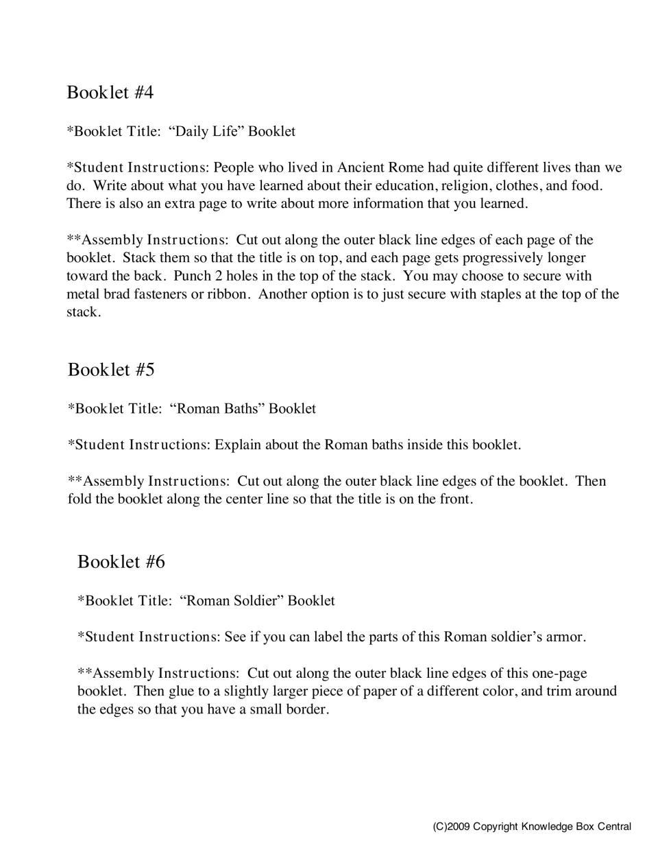 Instructions for booklets 4–6 cover Daily Life, Roman Baths, and labeling a Roman soldier’s armor.