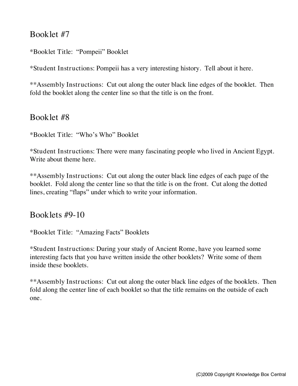 Instructions for booklets 7–10 explain writing and assembly for Pompeii, Who’s Who, and two Amazing Facts booklets.