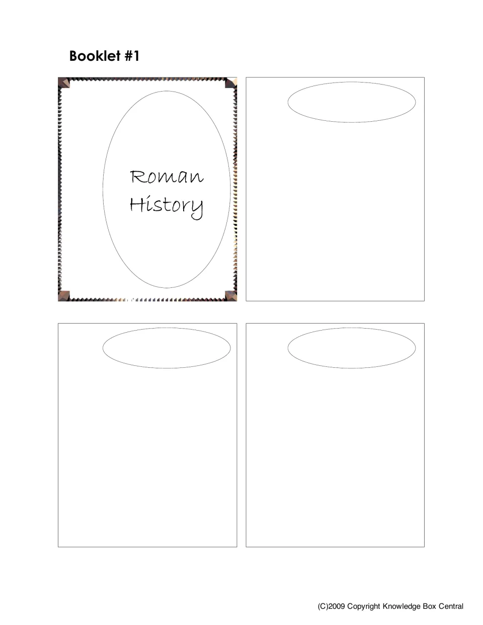 Roman History booklet 1 template includes a title cover and three blank writing sections to cut out and assemble.