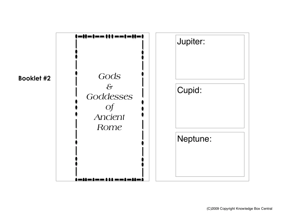 Gods and Goddesses booklet 2 template includes its cover and writing spaces labeled Jupiter, Cupid, and Neptune.