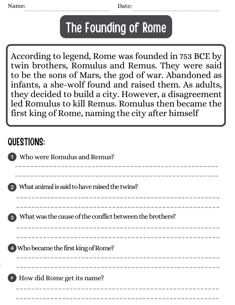 The Founding of Rome: students read the Romulus and Remus legend, then answer 5 questions on the twins, she-wolf and naming