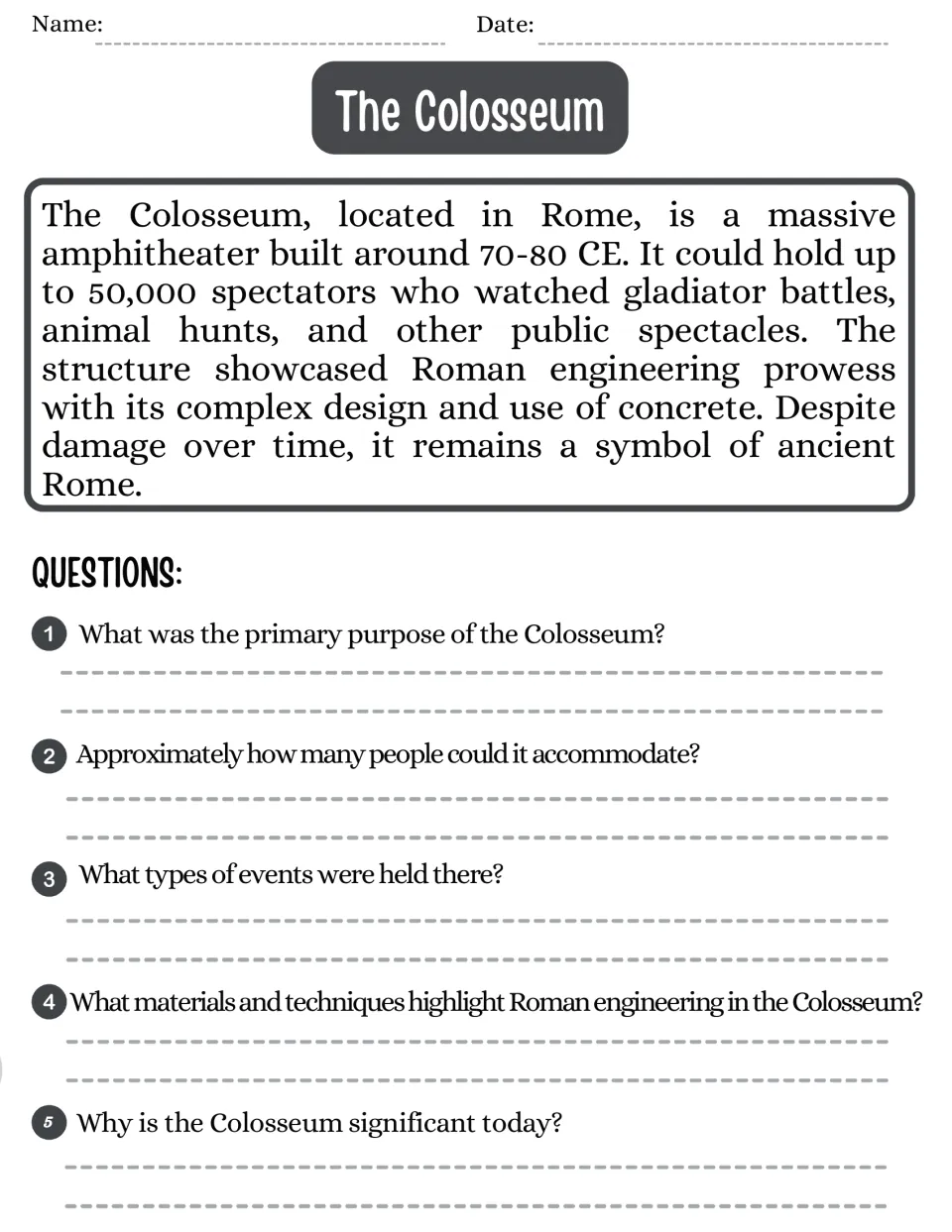 The Colosseum: students read about the amphitheater's events and engineering, then answer 5 questions recalling key details