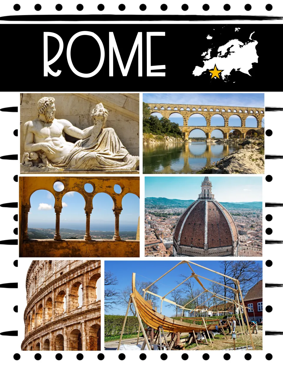Rome cover with a Europe map starred at Italy and photos of the Colosseum, an aqueduct, a river god statue and a dome