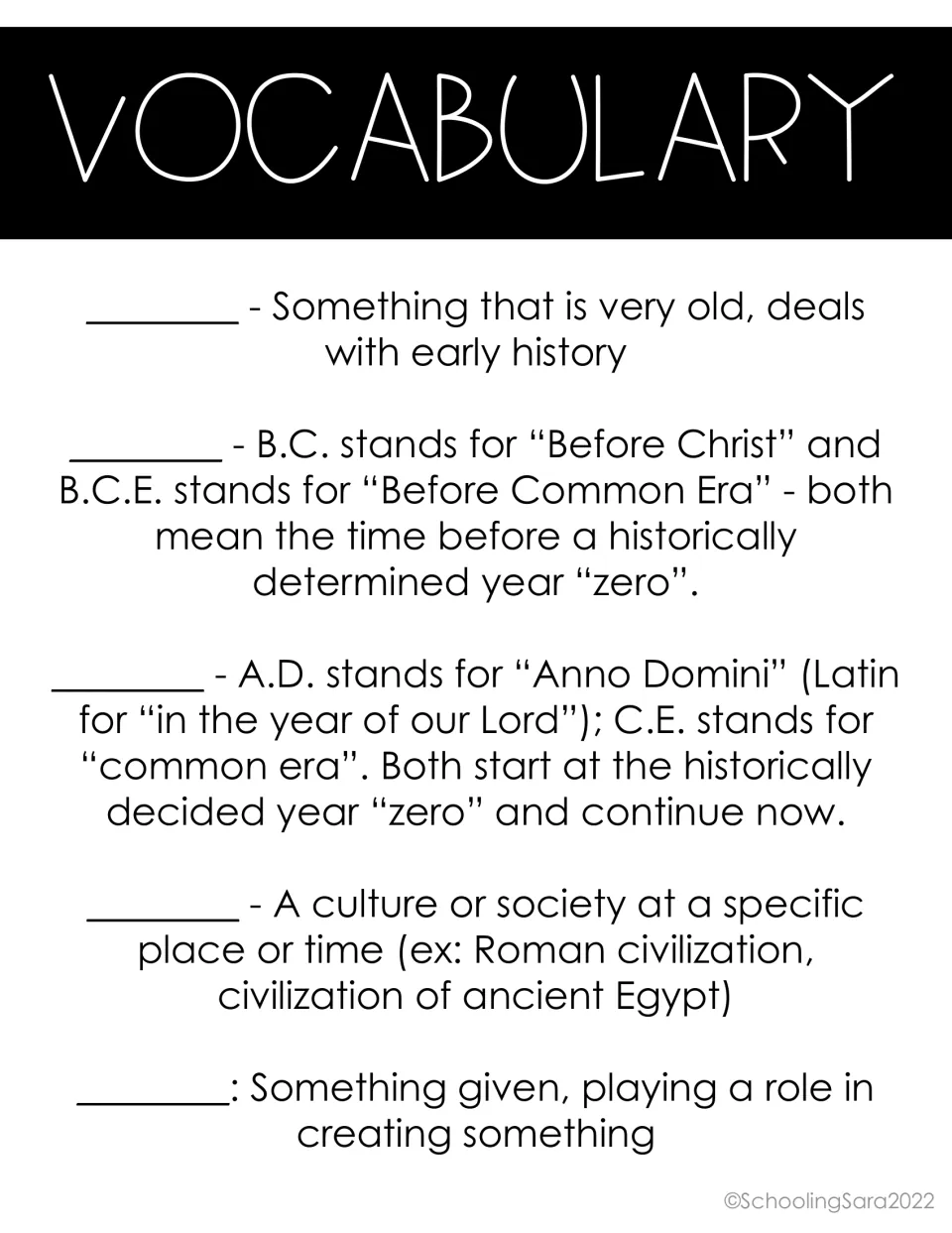 Ancient Rome vocabulary: students write the missing term for five definitions, including BC/BCE, AD/CE and civilization
