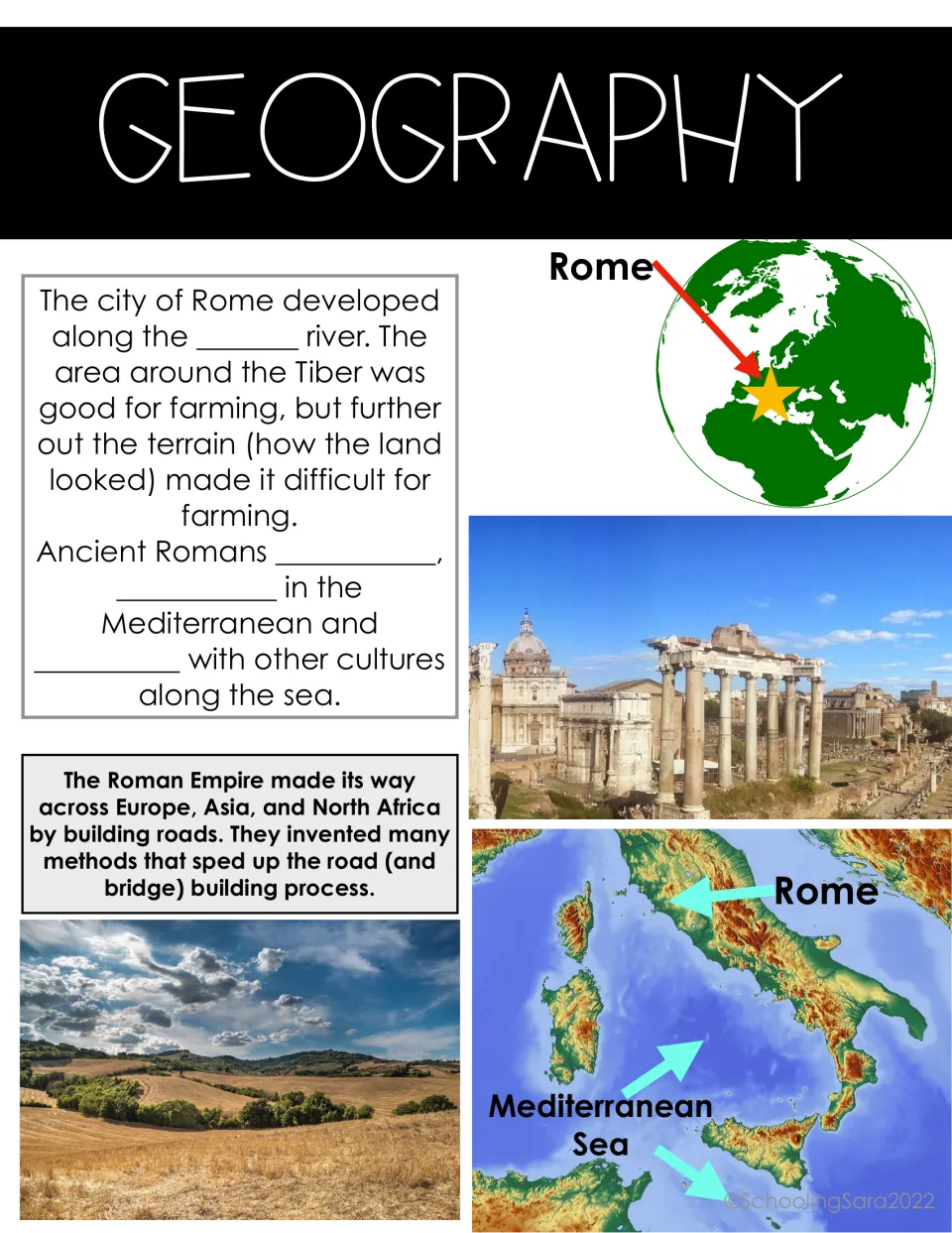 Rome geography notes: students fill in Rome's river and how Romans used the Mediterranean, with a labeled Italy map
