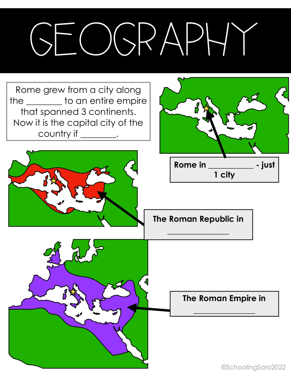 Growth of Rome maps: students fill in dates for Rome as one city, the Republic and the Empire, plus the river and country