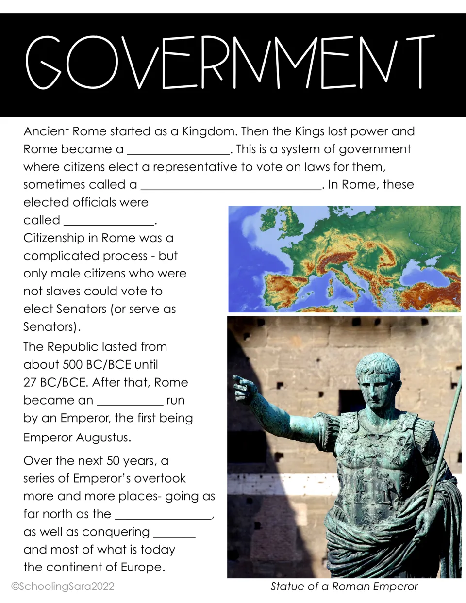 Roman government notes: students fill in blanks on the shift from kingdom to republic to empire under Emperor Augustus