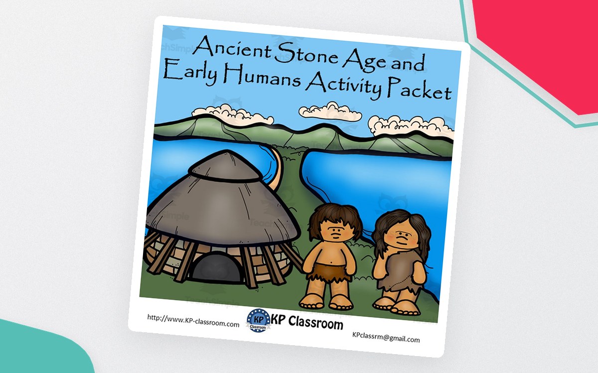 Stone Age worksheet cover with prehistoric people, a cave, and stone-tool illustrations.