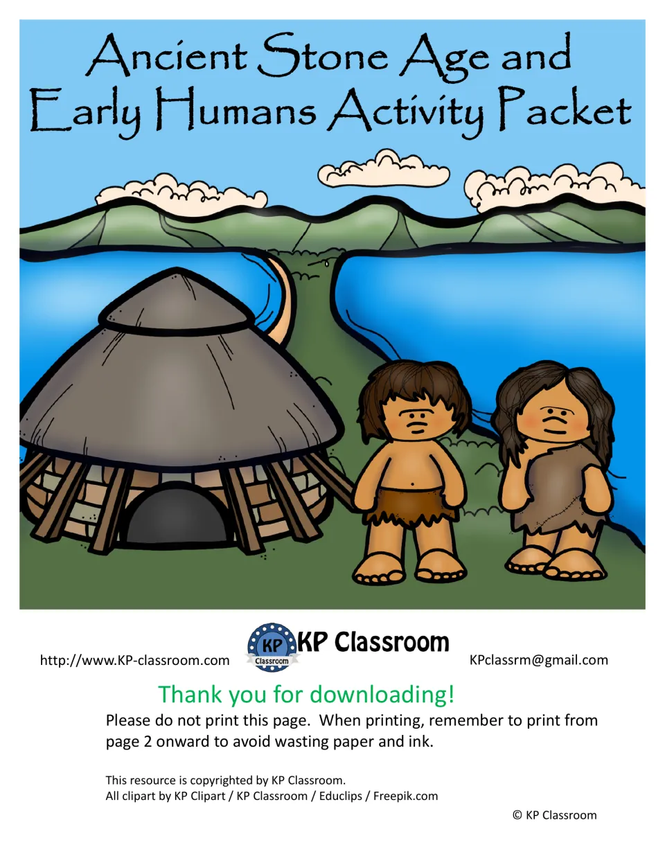 Cover: Ancient Stone Age and Early Humans Activity Packet, showing two early humans beside a thatched hut near a lake