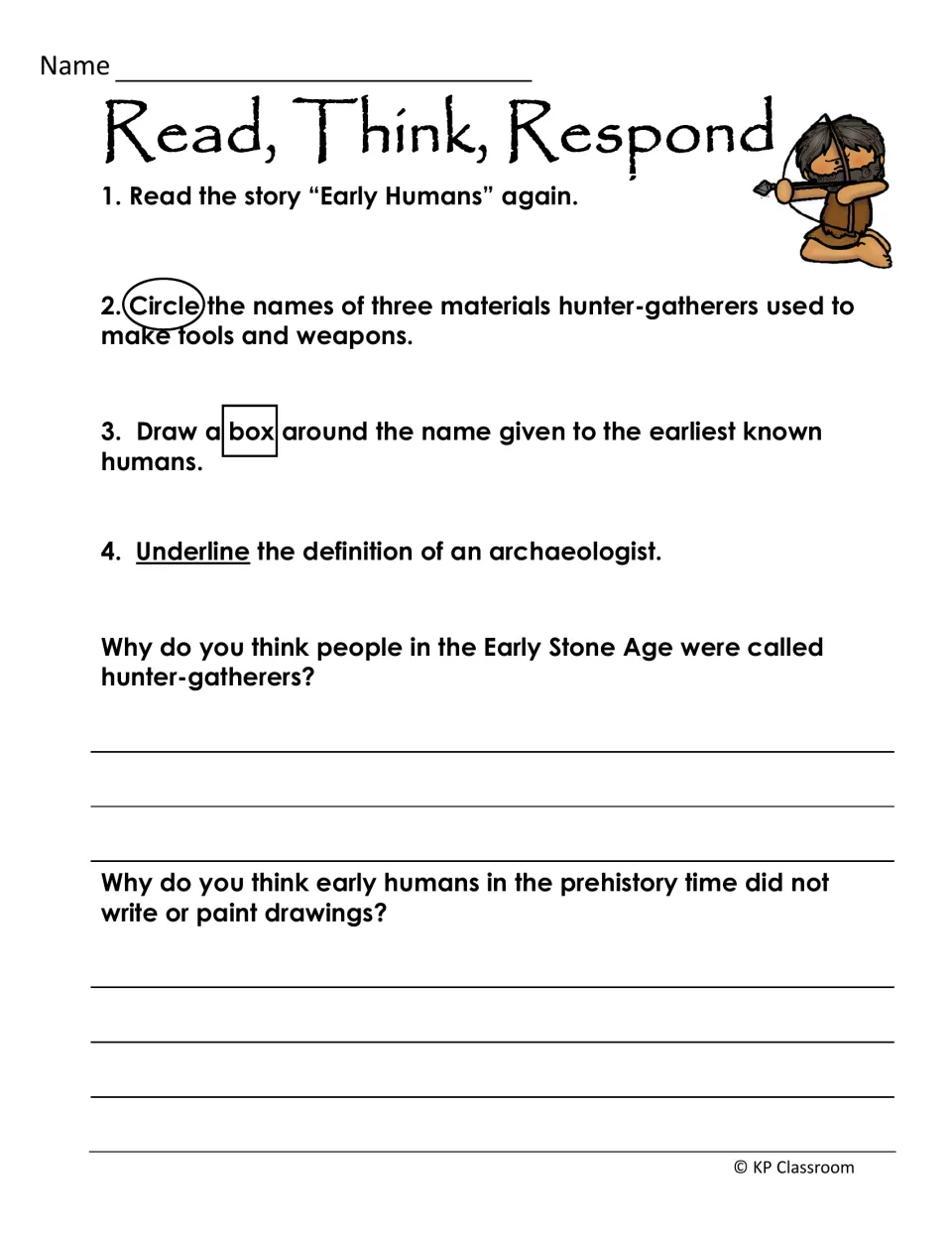 Read, Think, Respond for Early Humans: students circle tool materials, box a term, underline a definition, then explain