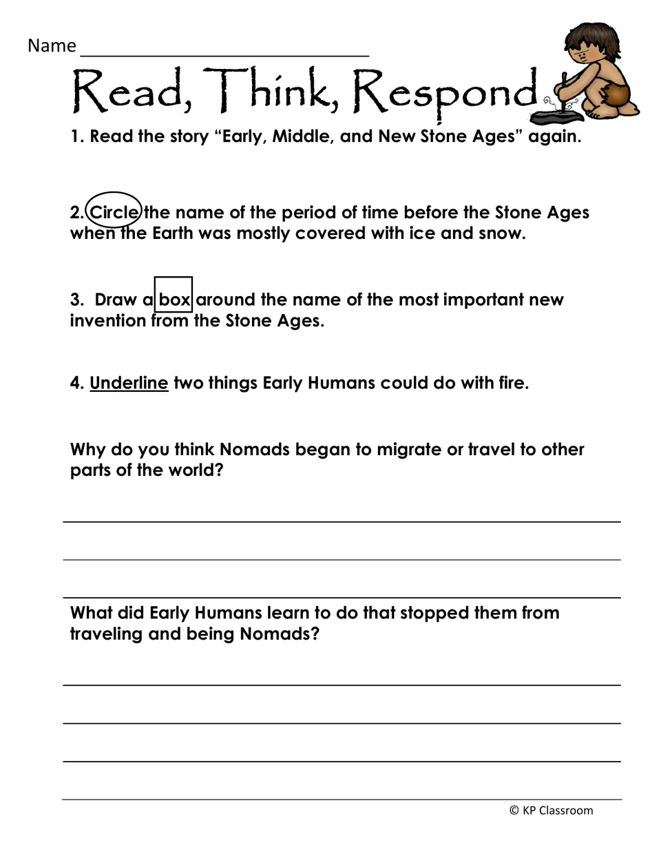 Read, Think, Respond for the Stone Ages text: circle, box and underline key facts, then answer two questions on nomads