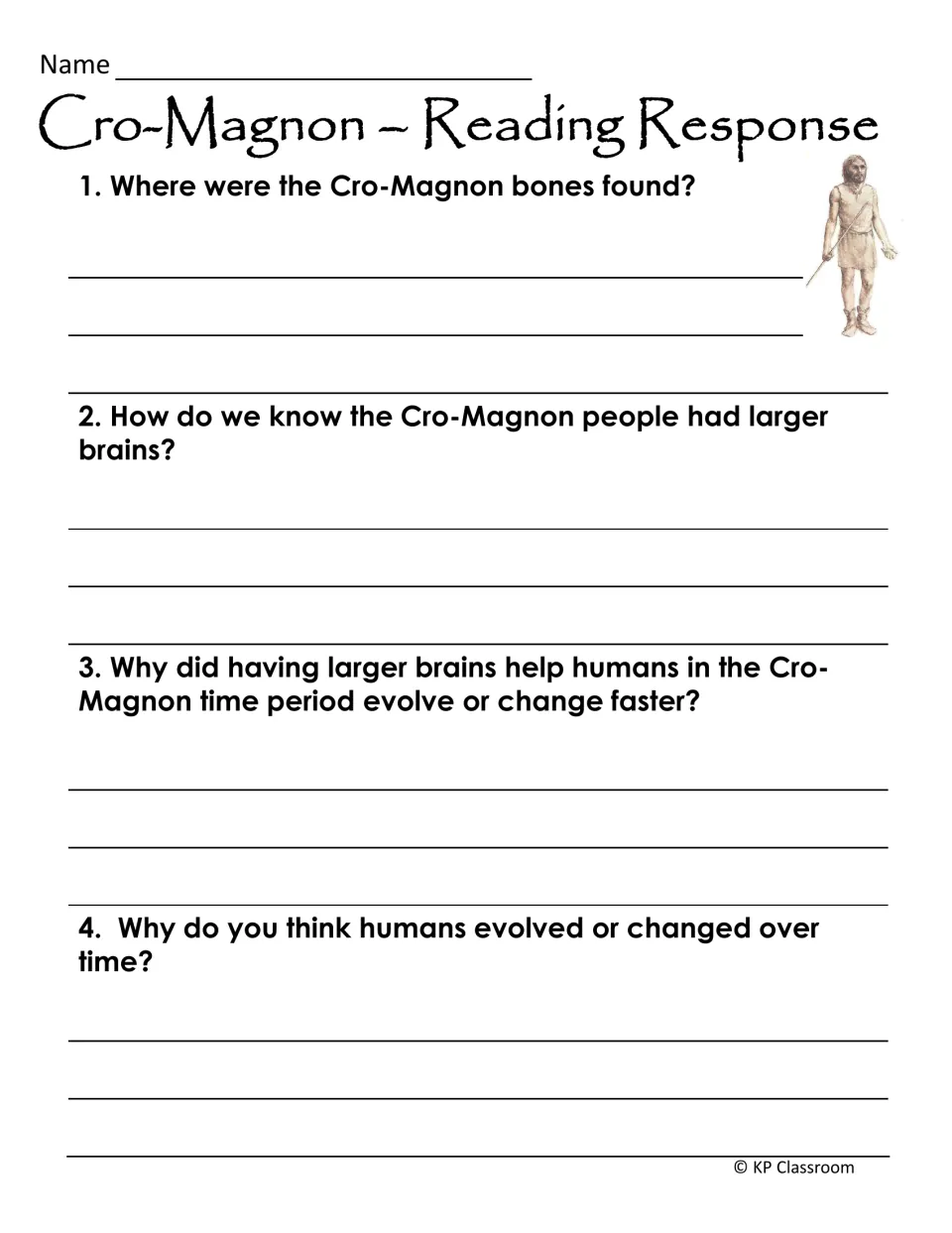 Cro-Magnon reading response: four written questions on where bones were found, larger brains and why humans changed