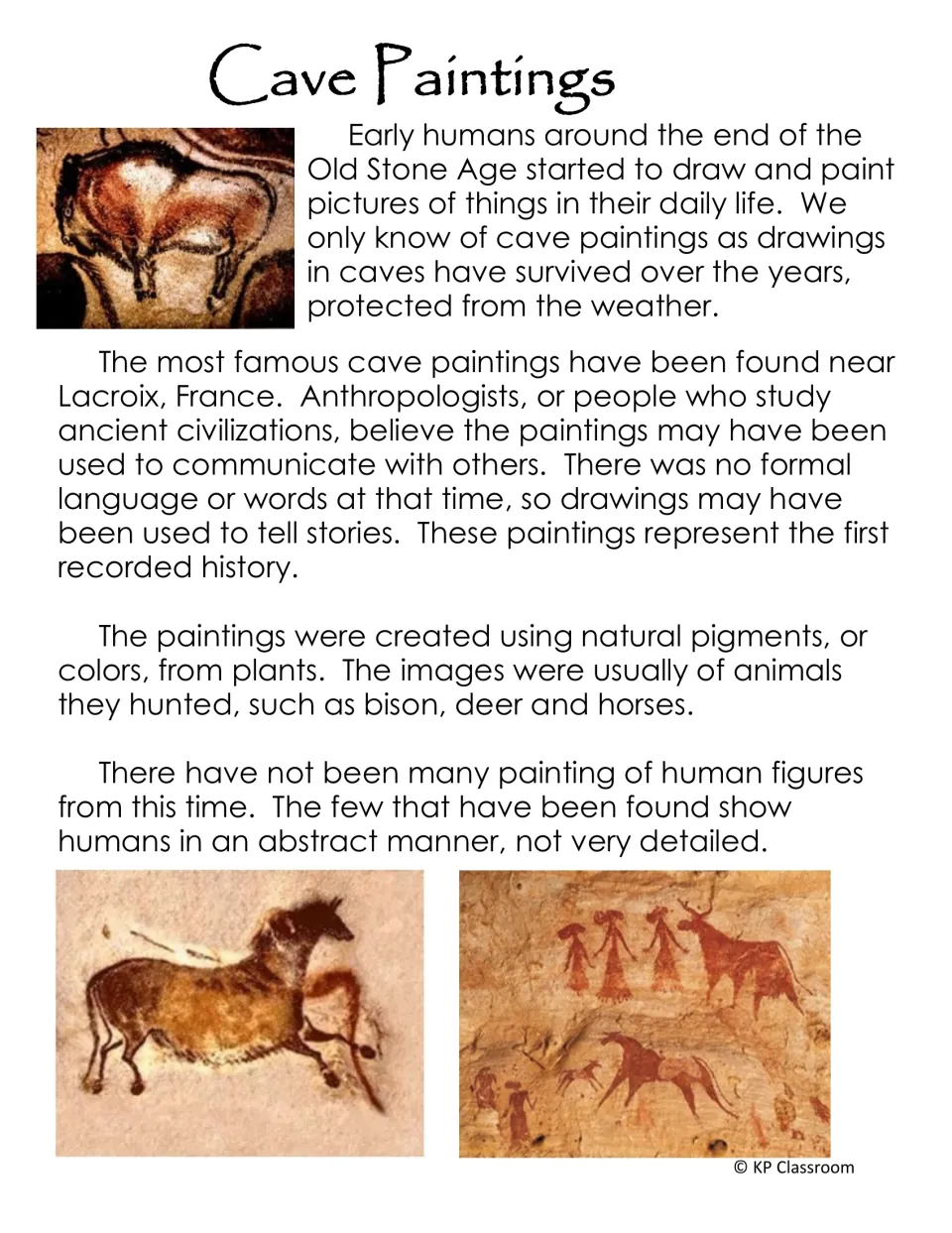 Cave Paintings reading on Old Stone Age art made with natural pigments, with photos of painted bison, horse and figures