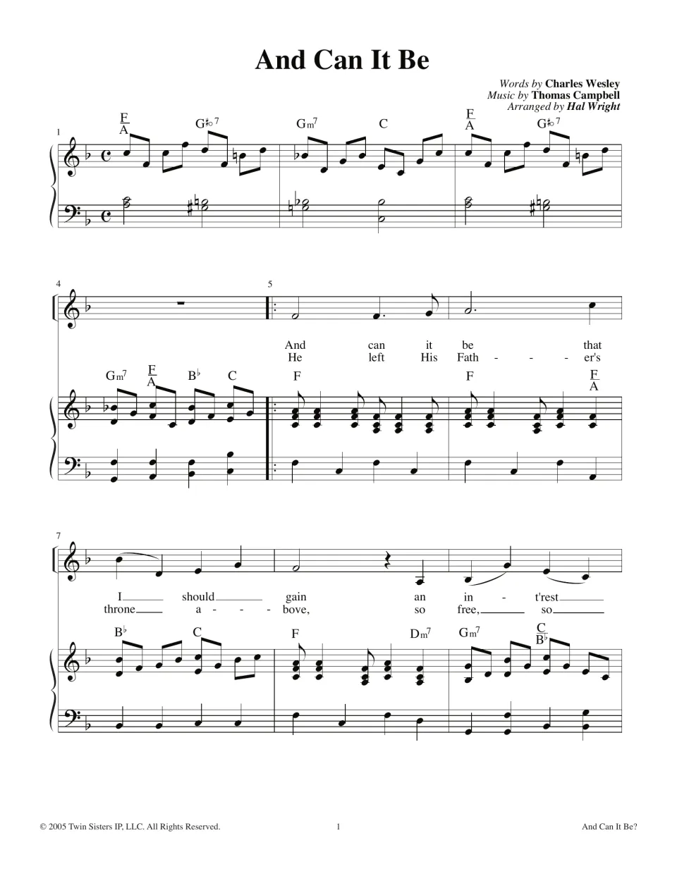 Opening hymn score: piano introduction and vocal entries for the verses “And can it be” and “He left”.