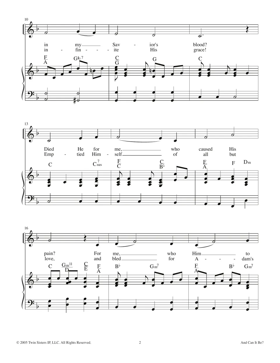 Second hymn score page: both verses continue with “Savior's blood?” and “His grace!” over piano accompaniment.